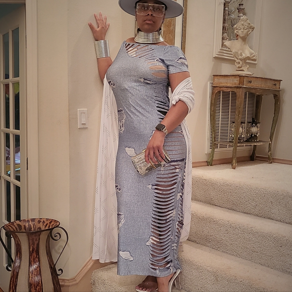 Blue/Silver Bodycon Distressed  Laser Cut Maxi